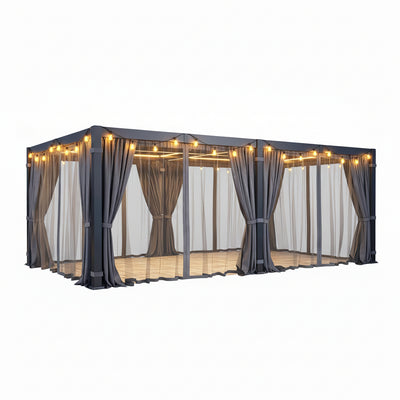 12' X 20' Pergola with Curtain & Adjustable Roof & Aluminum Frame for Patio