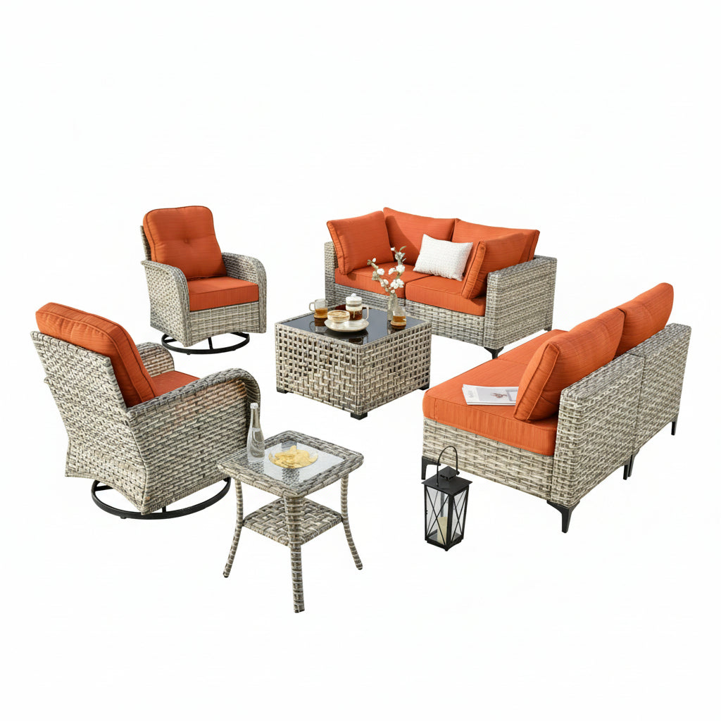 Outdoor Patio Furniture Sets 8 Pieces Sectional Sofa Wicker Conversation Set with Swivel Glider Chairs and Solar Powered Coffee Table for Porch, Deck, Orange Red
