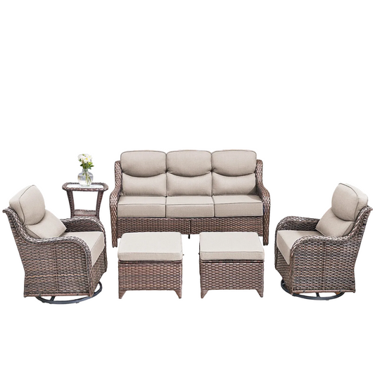 6 Pieces Outdoor Patio Furniture Set with Swivel Rocker Chairs and 6" Thick Cushions,Wicker Conversation Set with Sectional Sofa Coffee Table for Porch Deck Backyard Poolside