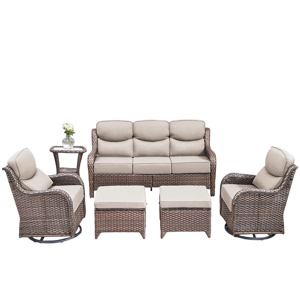 6 Pieces Outdoor Patio Furniture Set with Swivel Rocker Chairs and 6" Thick Cushions,Wicker Conversation Set with Sectional Sofa Coffee Table for Porch Deck Backyard Poolside