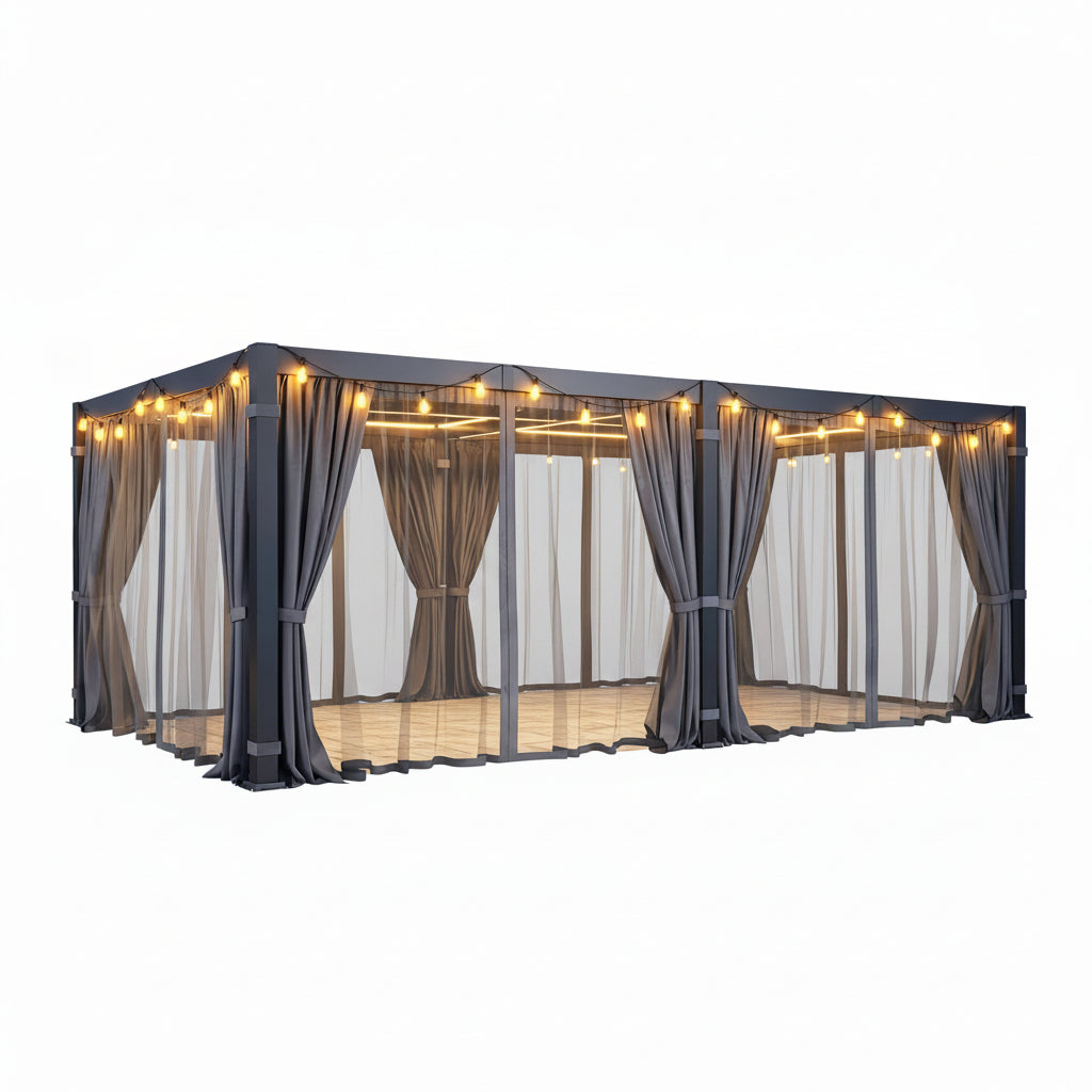 12' X 20' Pergola with Curtain & Adjustable Roof & Aluminum Frame for Patio