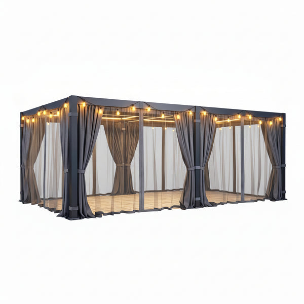 12' X 20' Pergola with Curtain & Adjustable Roof & Aluminum Frame for Patio