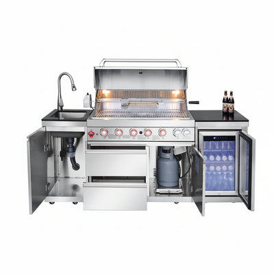 Outdoor Kitchen Island Built for Complete Backyard Cooking, 6 Burner 83500 BTU Gas Grill, Built-In Refrigerator