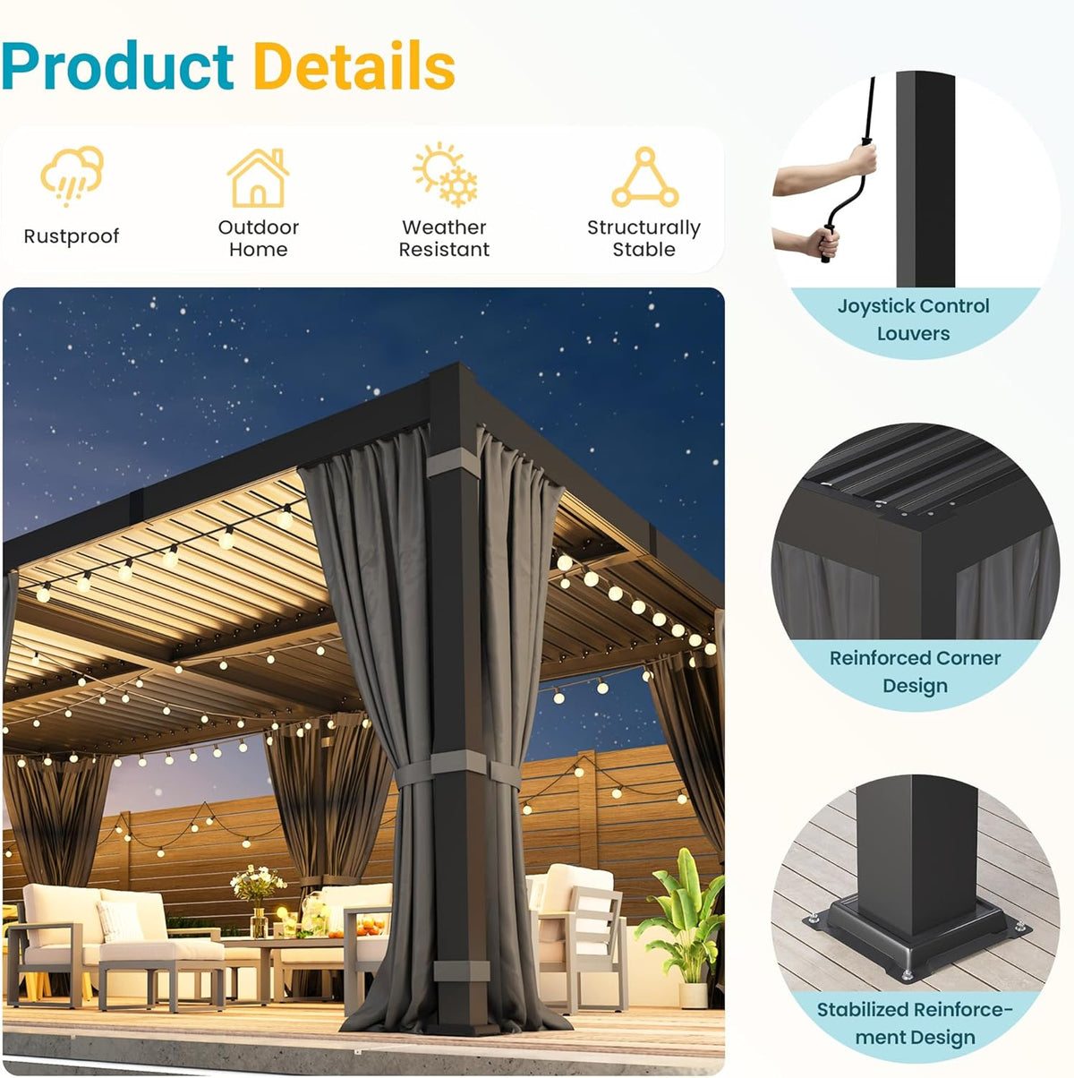 12' X 20' Pergola with Curtain & Adjustable Roof & Aluminum Frame for Patio
