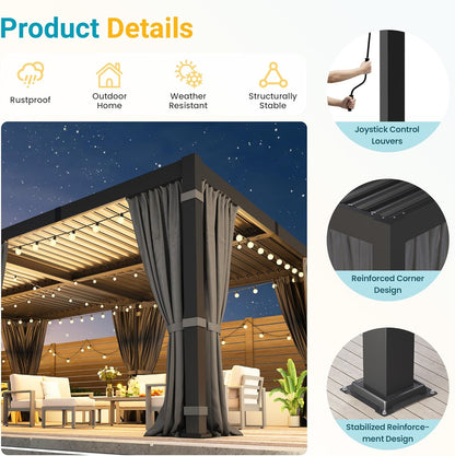 12' X 20' Pergola with Curtain & Adjustable Roof & Aluminum Frame for Patio