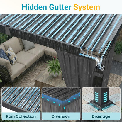 12' X 20' Pergola with Curtain & Adjustable Roof & Aluminum Frame for Patio