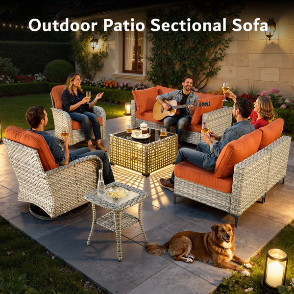 Outdoor Patio Conversation Set Built for All-Weather Use, 8 Pieces, Solar LED Coffee Table, Swivel Rockers
