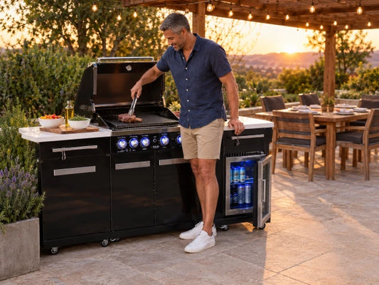 Outdoor Kitchen Island Built for Entertaining, 32" Gas Grill, Compact Refrigerator, 63,000 BTU Heat Output — Lifestyle